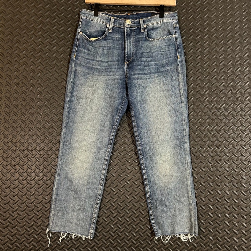 rag & bone Medium Wash Straight Leg Jeans with Frayed Hem
